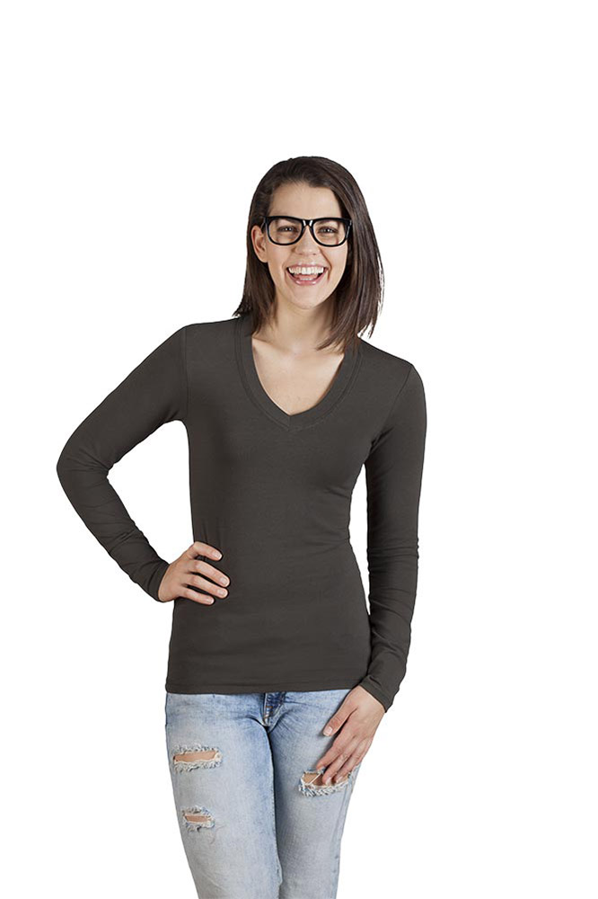 Wellness V-Ausschnitt Langarmshirt Damen Sale, Khaki, L