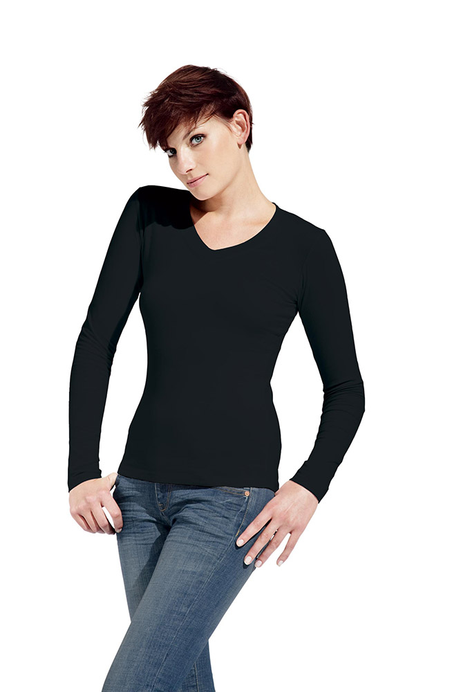 Wellness V-Ausschnitt Langarmshirt Damen Sale, Schwarz, L