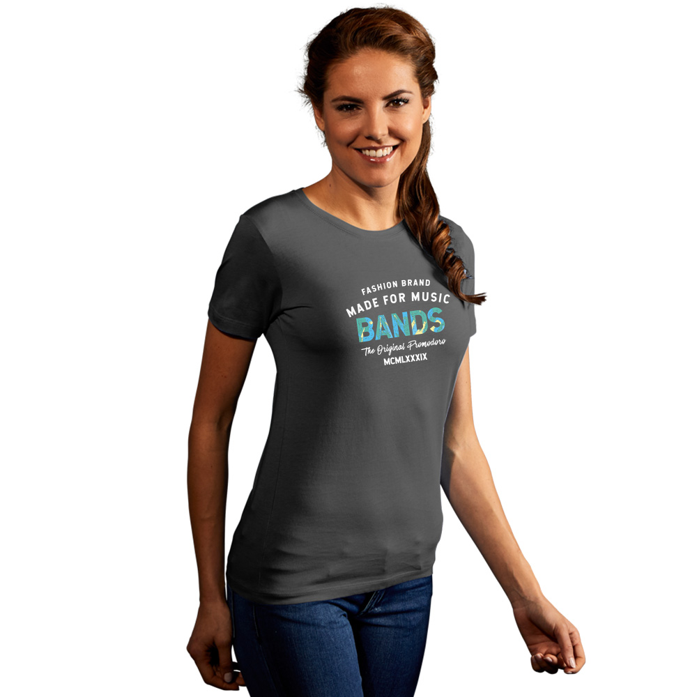 Print "promodoro made for music bands" Premium T-Shirt Damen, Stahlgrau, L