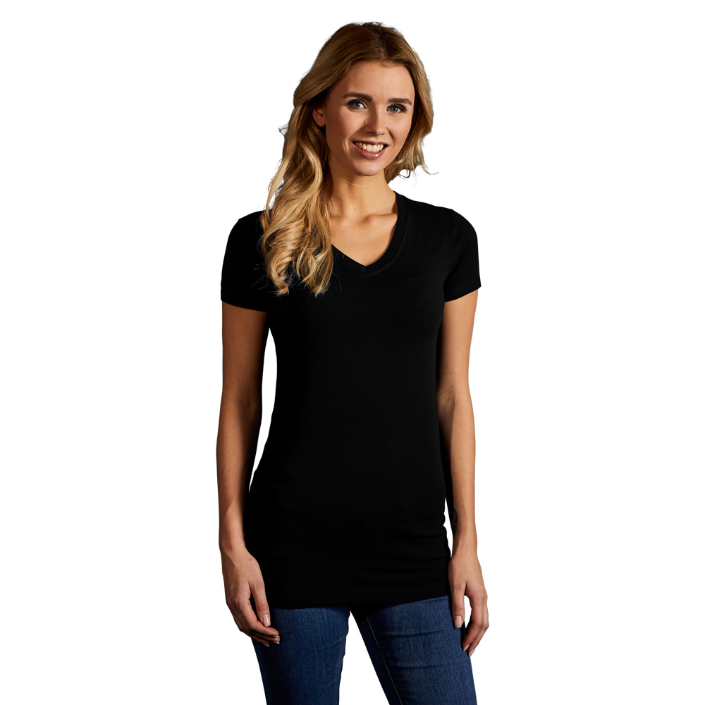 Slim-Fit V-Ausschnitt T-Shirt "Lang" Damen, Schwarz, XL