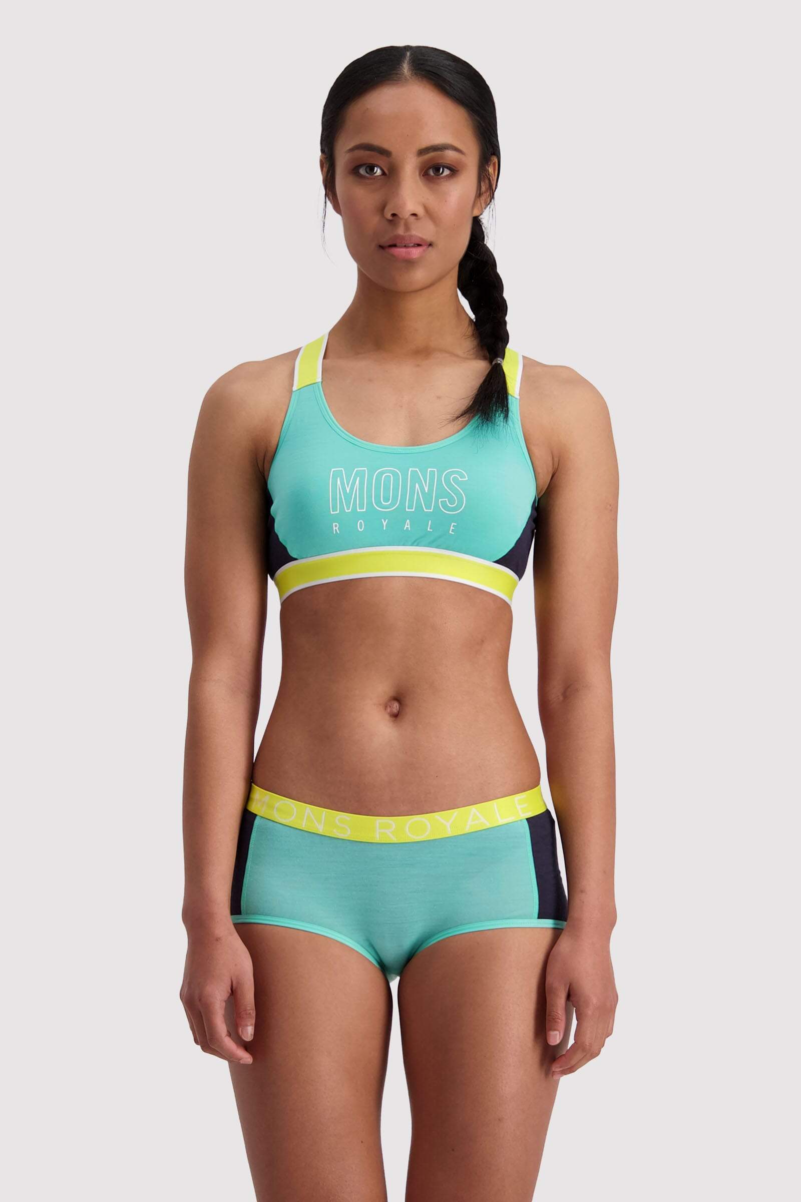 Mons Royale Women's Stella X-Back Sports Bra - Merino Wool, Mint Edge / M