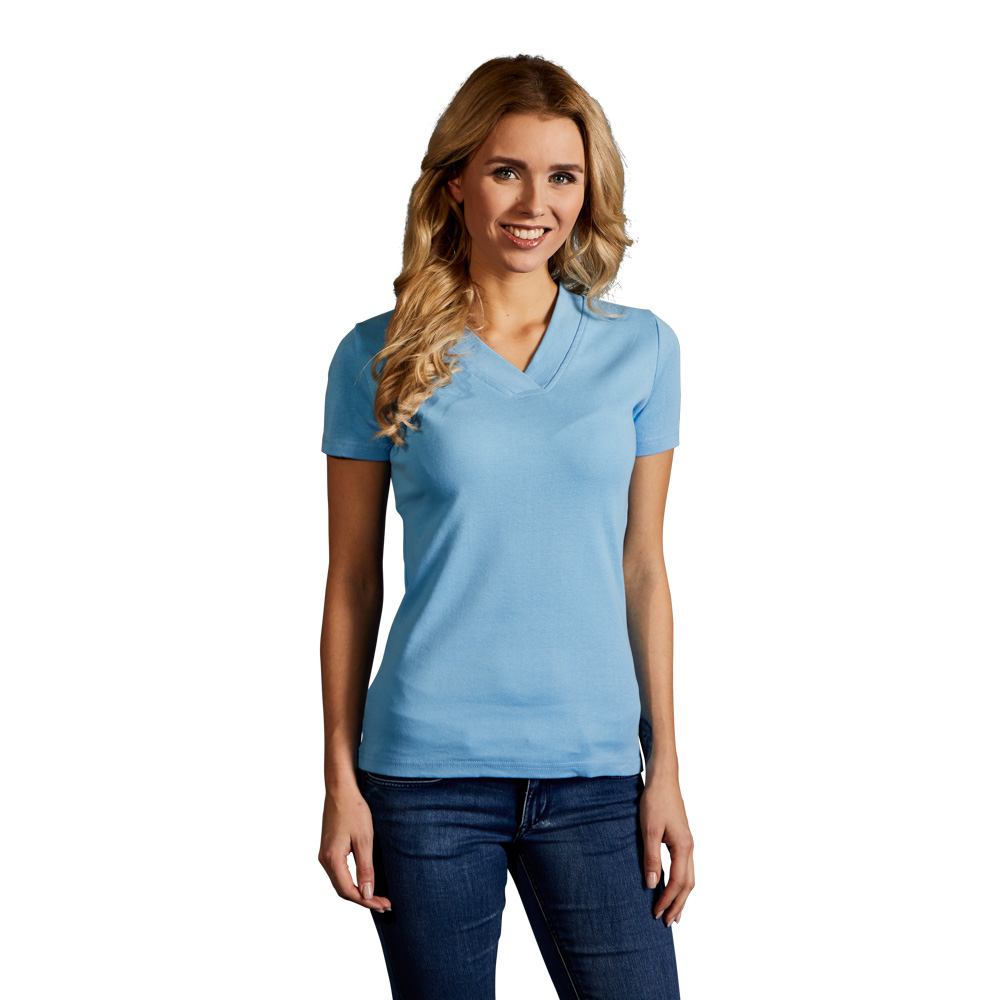Ripp V-Ausschnitt T-Shirt Damen Sale, Himmelblau, L