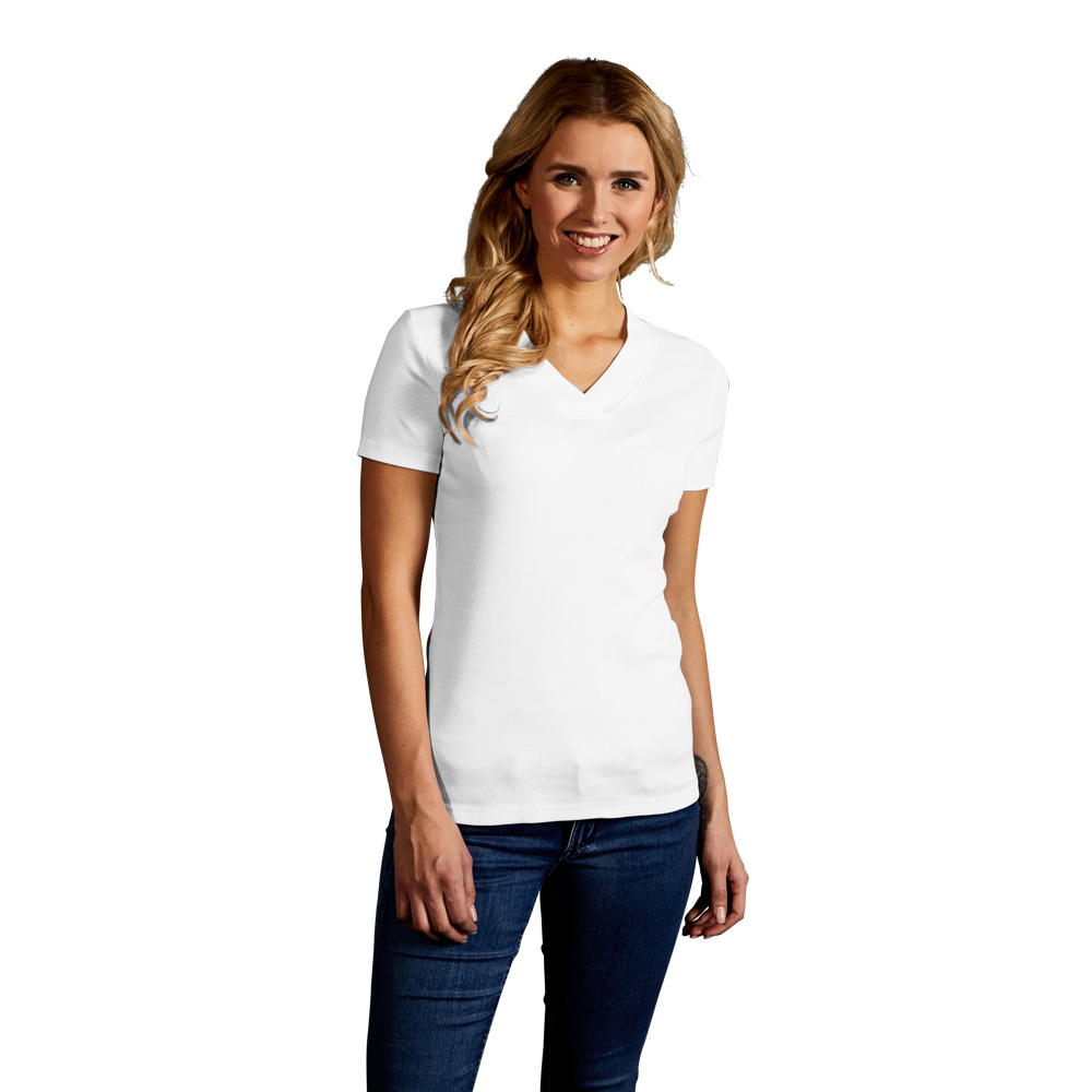 Ripp V-Ausschnitt T-Shirt Damen Sale, Weiß, L