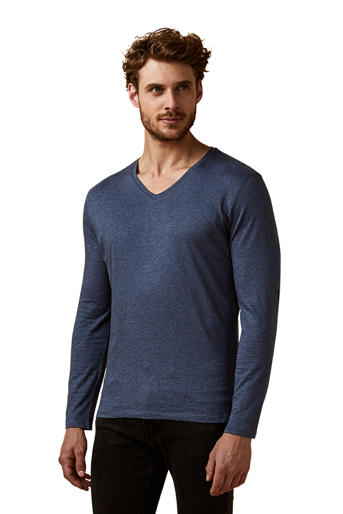 X.O V-Ausschnitt Langarmshirt Herren, Marineblau-Melange, XL