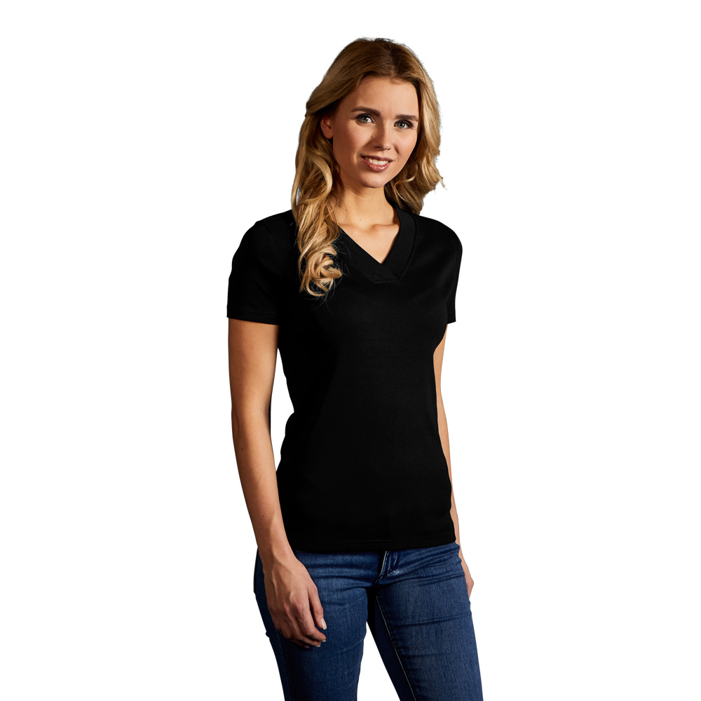 Ripp V-Ausschnitt T-Shirt Damen Sale, Schwarz, L