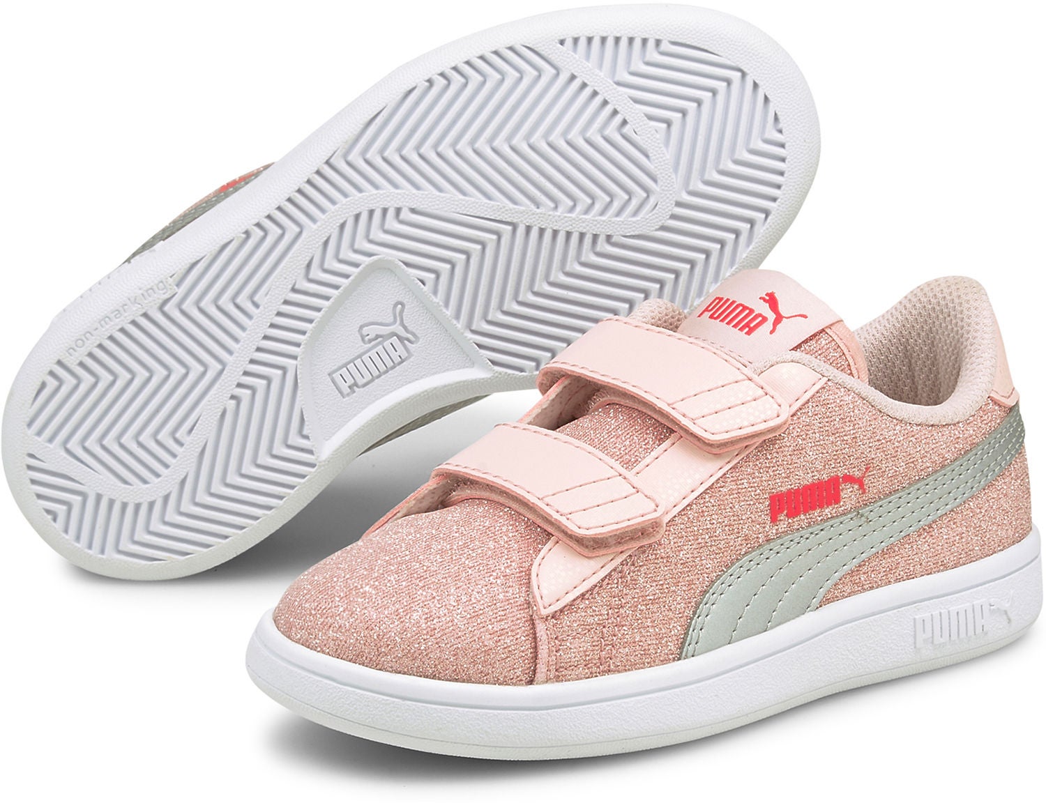 Puma Smash v2 Glitz Glam V PS Sneaker, Lotus/Silver, 28