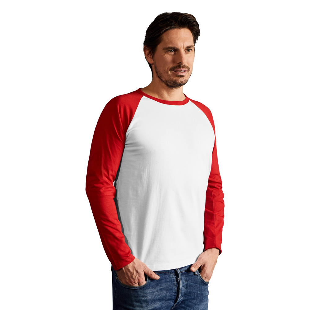 Raglan Baseball Langarmshirt Herren, Weiß-Rot, XL