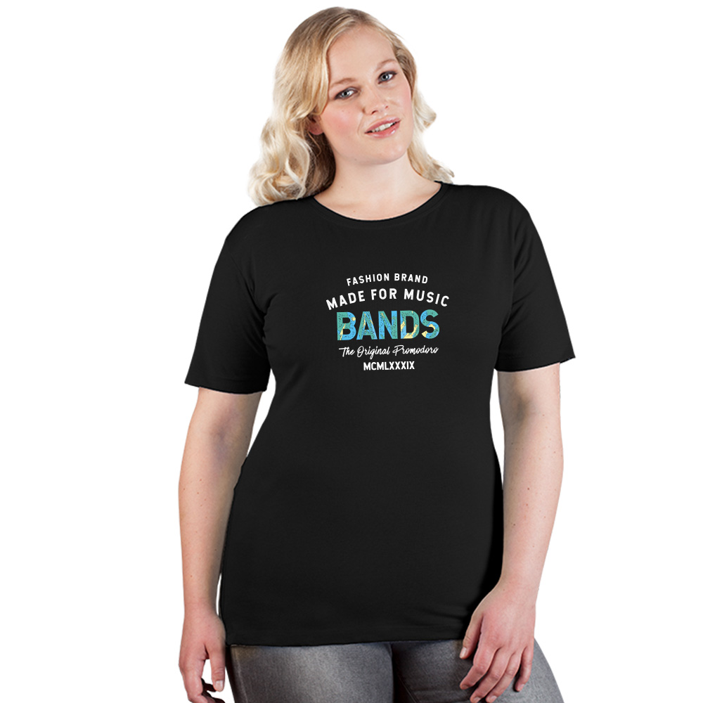 Print "promodoro made for music bands" Premium T-Shirt Plus Size Damen, Schwarz, XXL