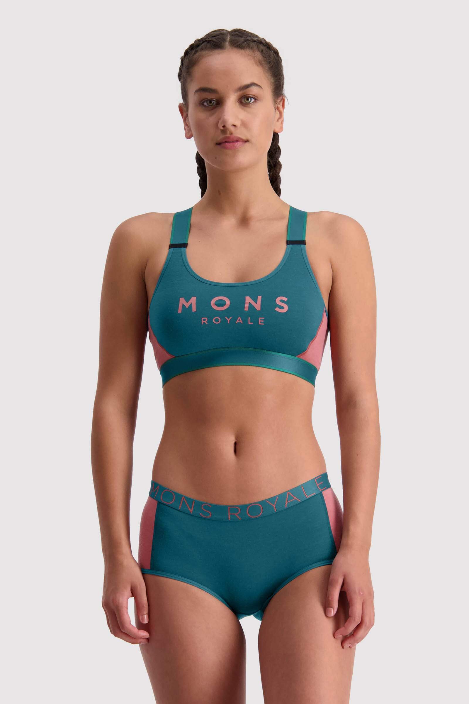 Mons Royale Women's Stella X-Back Sports Bra - Merino Wool, Deep Teal / Pink Clay / XS