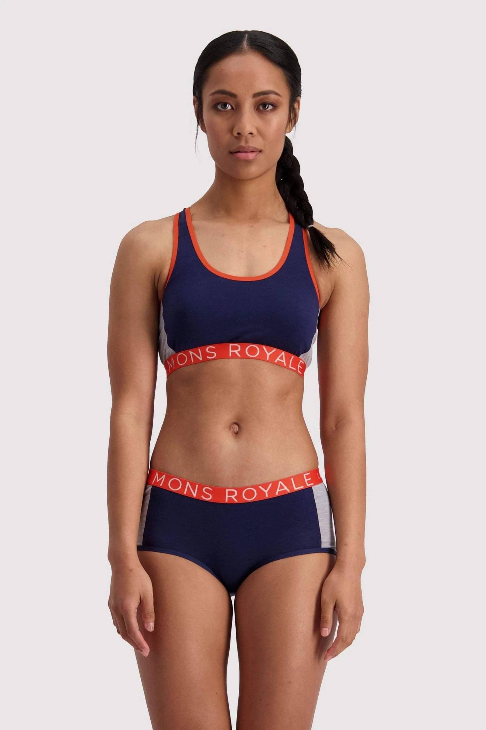 Mons Royale Women's Sierra Sports Bra - Merino wool, Navy / Orange Smash / XS