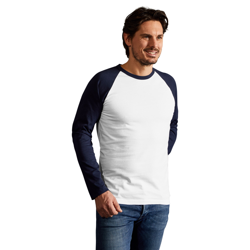 Raglan Baseball Langarmshirt Herren, Weiß-Marineblau, XL