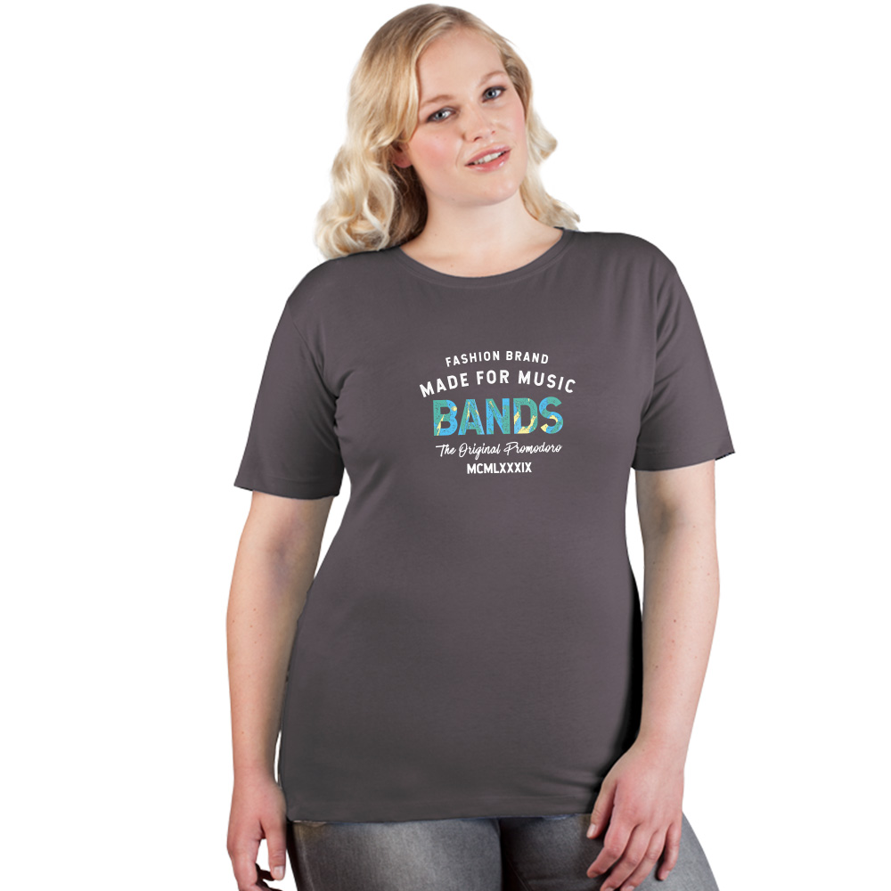 Print "promodoro made for music bands" Premium T-Shirt Plus Size Damen, Stahlgrau, XXXL