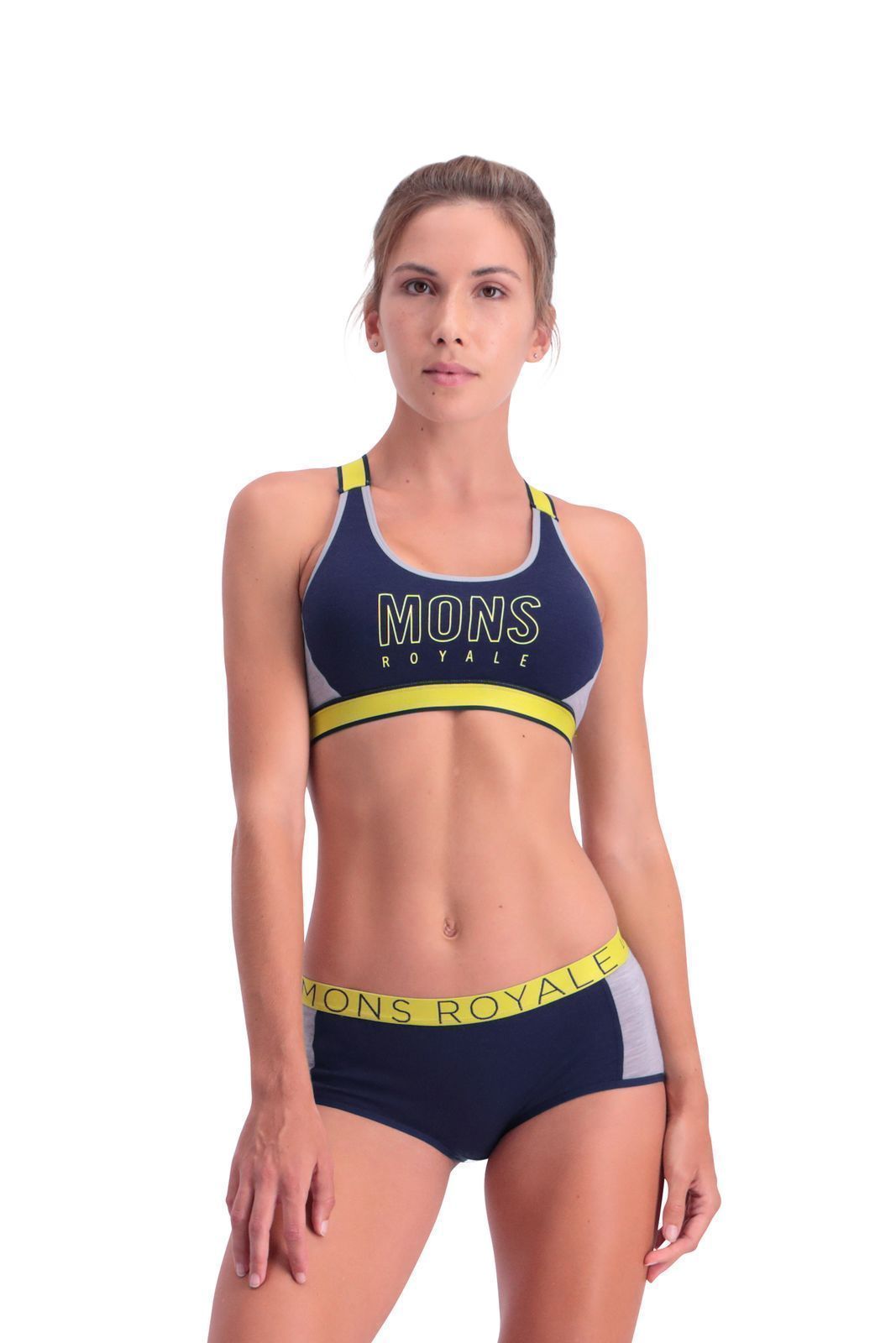 Mons Royale Women's Stella X-Back Sports Bra - Merino Wool, Navy / Grey Marl / XS